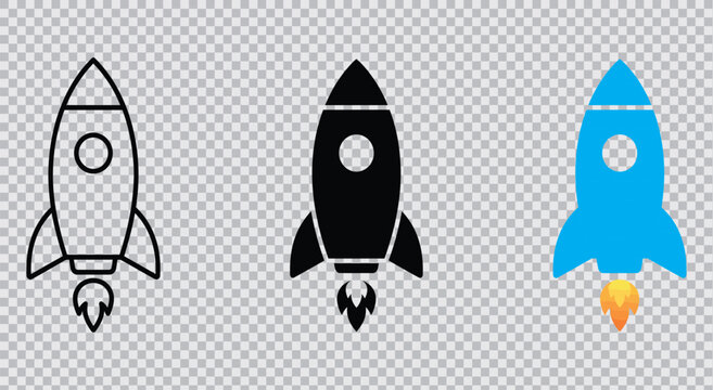 Rocket ship icon set outline filled and colored versions for space exploration