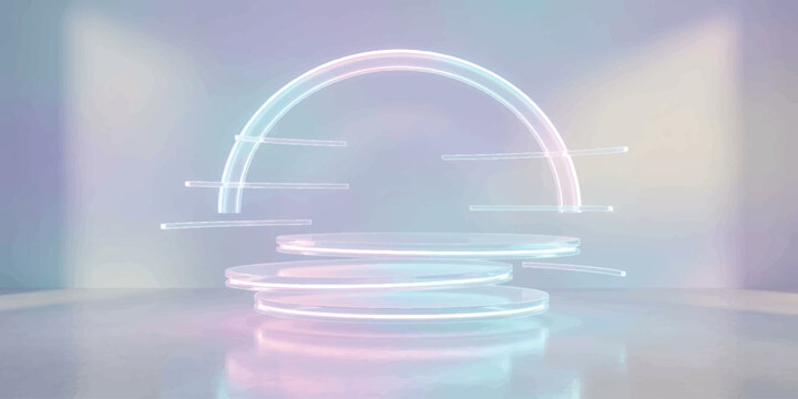 Blank elegant stage mockup with translucent acrylic circles and an iridescent gradient background. Adobe Illustrator Artwork