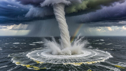 Naklejka premium Waterspout forming and striking ocean surface under storm clouds