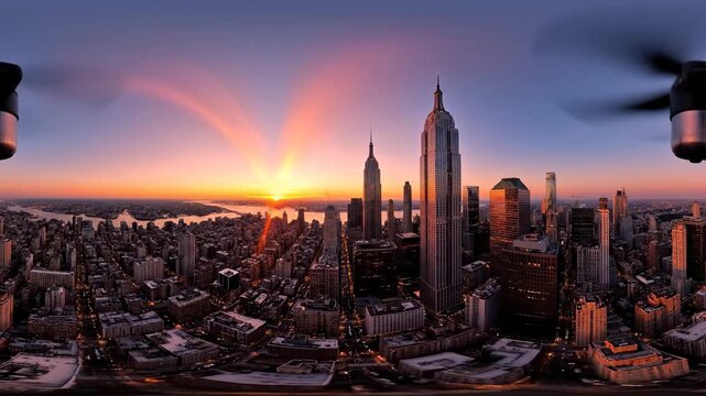 New York City Skyline 360 Sunset Drone View
