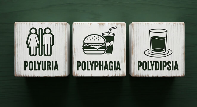 3d medical concept cubes showing polyuria polyphagia polydipsia symptoms on dark green background
