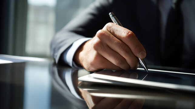 Professional man's hand hold pen sign document or digital tablet, close-up view. Corporate executive signature or write agreement on screen