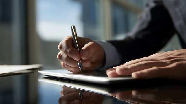 Close-up of a businessman's hand hold a pen, make note or sign documents on a tablet at reflective table in an office on blur background