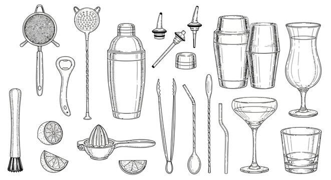 Cocktail bar tools, vector icons, 25 elements, line art, black and white, kitchen utensils, bartending equipment, drink accessories