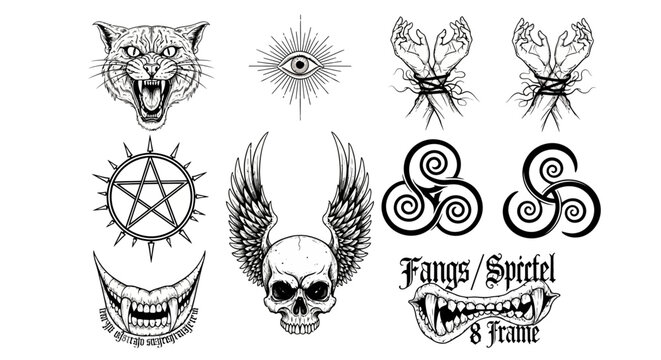 Tattoo, black and white, vector icons set, fangs, skull, pentagram, eye, insect, 8 frames