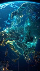 Image of Illuminated view of the Earth at night, highlighting Europe with a network of city lights and ocean glows against space printed on Printed Glass Basin Splashbacks