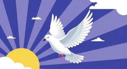 Obraz premium White dove flying in front of sun with rays and clouds symbolizing peace freedom and spirituality in a vibrant blue sky