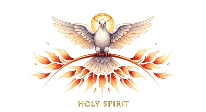 Dove with halo and flames representing holy spirit symbol of pentecost christianity and divine inspiration