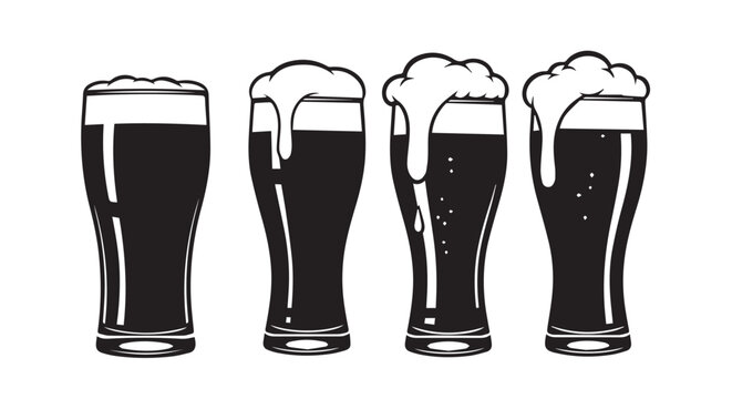 Black and white silhouette of four pint glasses with beer foam