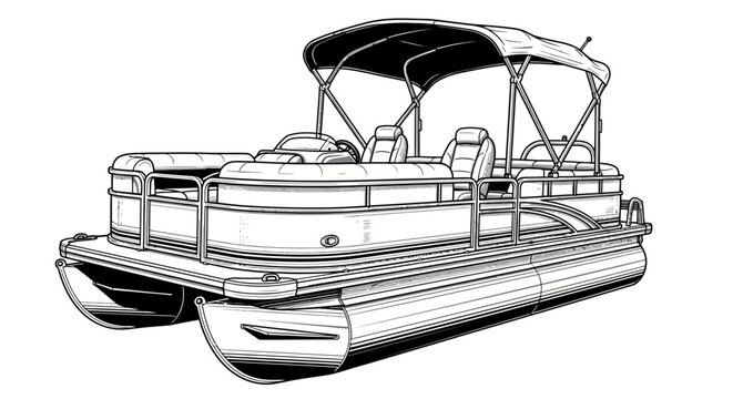 Pontoon boat, luxury yacht, floating deck, recreational vessel, nautical vehicle, vector illustration