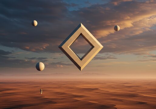 Eerie, impossible geometry floating over a vast, misty desert plain under a dramatic, multicolored sky. Abstract digital art scene, odd, setting, dramatic