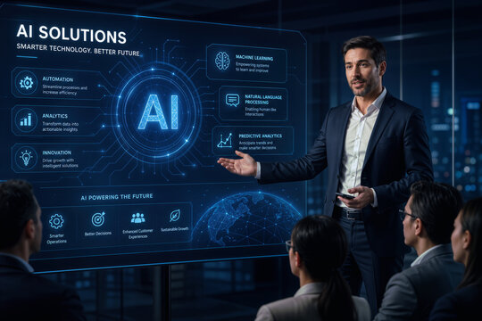 Businessman presenting AI solutions with futuristic technology graphics digital transformation AI solutions presentation for enterprise innovation and predictive analytics conference pitch