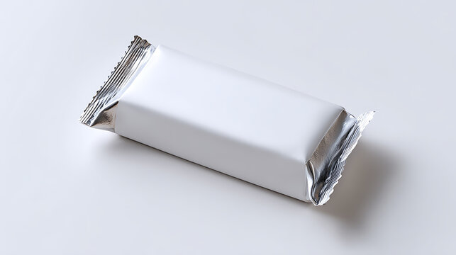 Blank white candy bar or snack wrapper mock-up with foil ends on a clean light background, ideal for product branding presentations