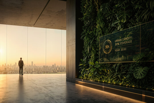 Urban canopy 30% coverage year 2030 vertical garden in modern building interior with city planner silhouette overlooking skyline sustainable city green architecture urban forest planning policy
