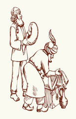 Fototapeta premium Vector drawing. Man sells a fabric on ancient market