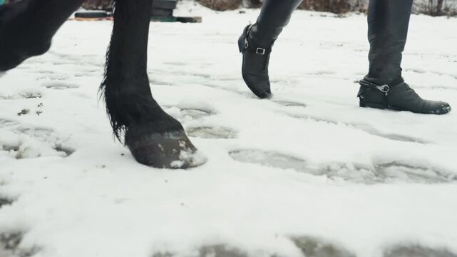 Closeup boots and horse hooves on snow, rider and horse walking through slushy winter ground with visible footprints, muted cold tones, steady rhythmic steps and textured icy slush underfoot.