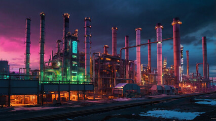 Obraz premium Cyberpunk Industrial Facility A neon-lit industrial complex under construction at dusk, smokestacks glowing with colored bands, dense pipelines with holographic displays, cranes with LED accents, wet 