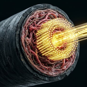 Intricate Hyper-Realistic Cross-Section Of A Biological-Technological Cable With Glowing Fiber Optics, Macro Photorealistic