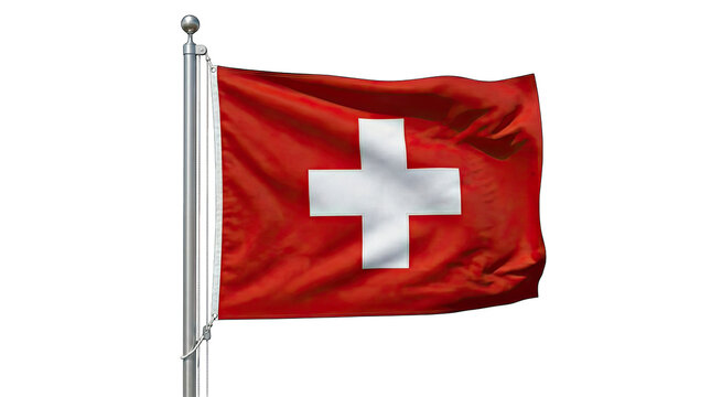 The swiss flag waving proudly on a flagpole isolated on transparent background