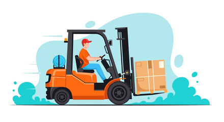 Forklift, warehouse worker, industrial vehicle, logistics icon, transportation symbol, orange machine © Adam