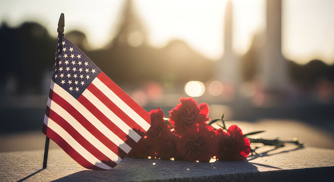 american flag draped over motorcycle at sunset with memorial poppy wreath symbolizing veterans day