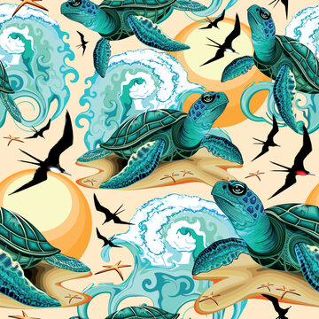 Sea Turtle Turquoise on the Beach with Ocean Wave and some Frigate Birds Flight Vector Seamless Pattern EPS &copy; BluedarkArt TheChameleonArt