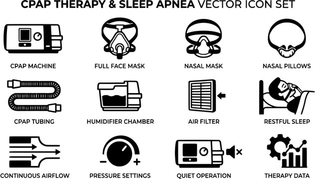Sleep Apnea CPAP Machine Mask Breathing Device Therapy Treatment Continuous Airway Pressure Respiratory Medical Equipment Vector Icon Set - CPAP Therapy 