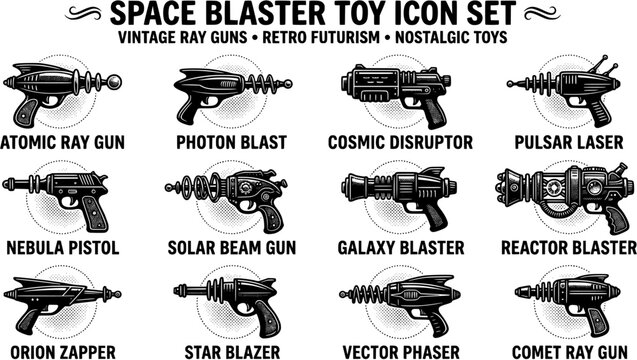 Space Blaster Toy Icon Set Retro-Style Vintage Ray Gun Space Weapon Sci-Fi Blaster Retro Futurism Toy Gun Nostalgic Toys Vector Illustration