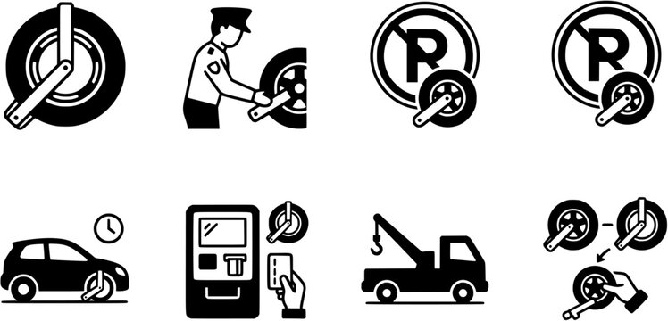 The Boot Wheel-Clamp Denver-Boot Parking-Violation Vehicle-Immobilization Tire-Lock Enforcement-Device Yellow-Clamp Vector Icon Set - Wheel Boot