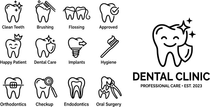 Tooth line icon set. Dental clinic logo. Clean teeth. Vector EPS