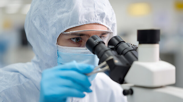 Scientist in full protective gear examines sample under microscope in a sterile laboratory setting, focusing on scientific research and development