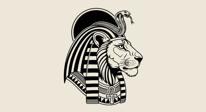 Egyptian lion head, pharaoh headdress, black and white vector, striped collar, ancient symbol