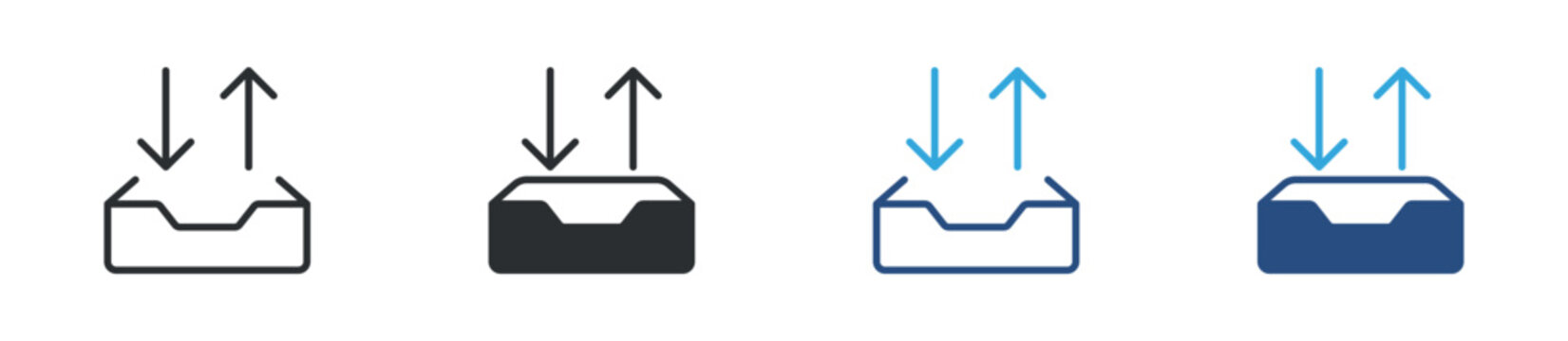 Import export file icon set. inbox tray with upload and download arrows. data transfer and file exchange concept. vector illustration.