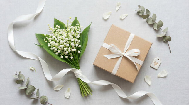 Beautiful flat lay composition with a delicate lily of the valley bouquet, a kraft paper gift box, soft white silk ribbon, and scattered petals on a light linen tabletop.