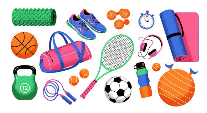 Sport, fitness, and exercise icons, colorful athletic equipment illustrations, gym and workout accessories, 25 vector graphics