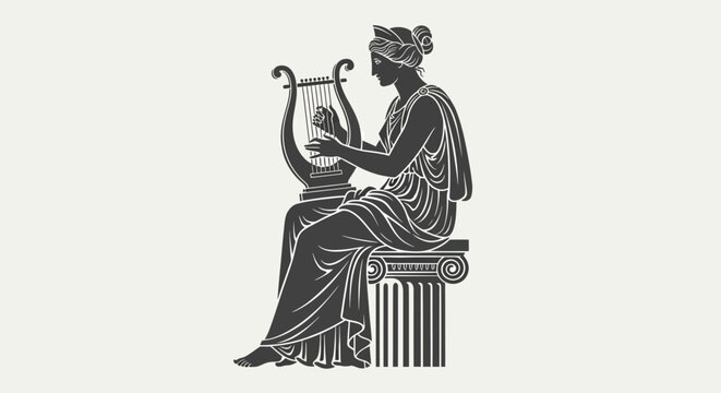 Ancient Greek Goddess Playing Harp, Mythology Vector Icon, Black and White Illustration, Classical Music Symbol
