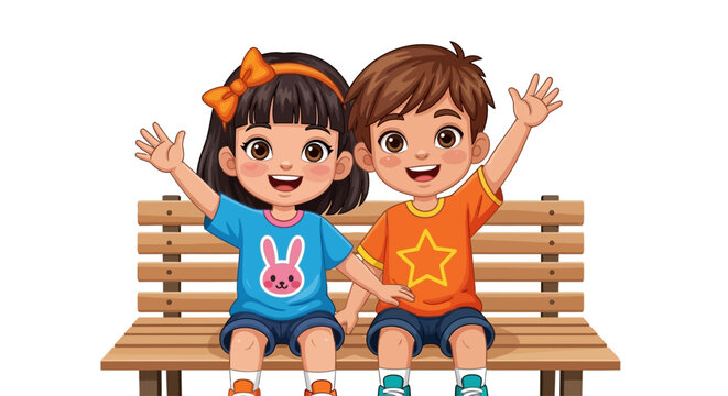 Cute children, kids sitting on bench, cartoon illustration, colorful characters, vector graphics
