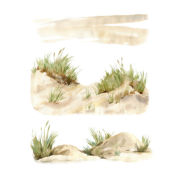 Sand and grass, hand-drawn watercolor illustrations. Sandy coastline. Isolated on white background. Design objects.