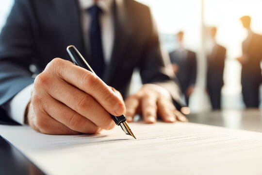 Businessman signing a contract, pen in hand