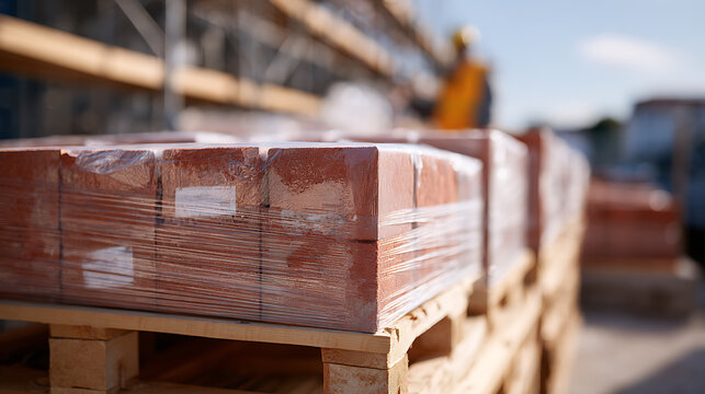 Shrink-wrapped red bricks on wooden pallets at an outdoor construction site, ready for building projects, with blurred background elements