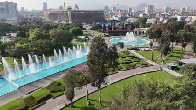 Parque De La Reserva In Lima Capital City Of Peru. Magic Water Circuit Landscape. Touristic Attraction. Urban Park. Parque De La Reserva In Lima Capital City Of Peru.