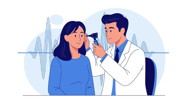 Doctor examining patient's ear with otoscope, audiogram wave background, hearing check