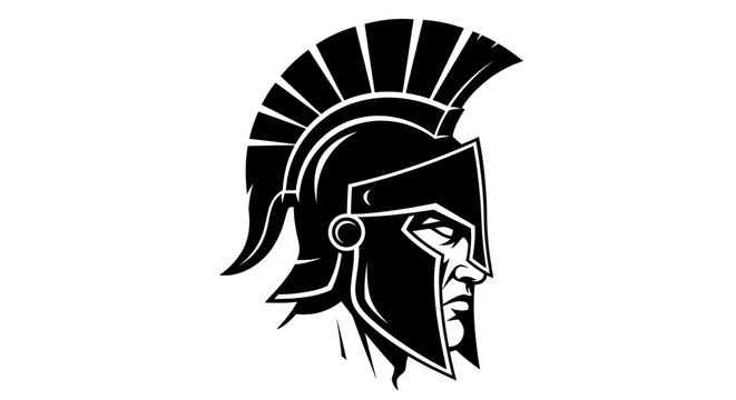 Black and white vector gladiator helmet, ancient warrior head, monochrome illustration, Spartan icon