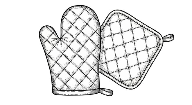 Oven Mitts, Kitchen Glove, Pot Holder, Black Line Art, Vector Illustration, Cooking Accessories