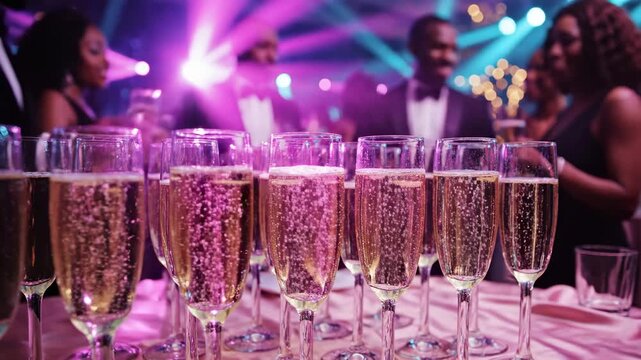 Elegant Celebration Toast with Rows of Sparkling Champagne Flutes at a Gala Event for Luxury Lifestyle and Corporate Party Promotions.