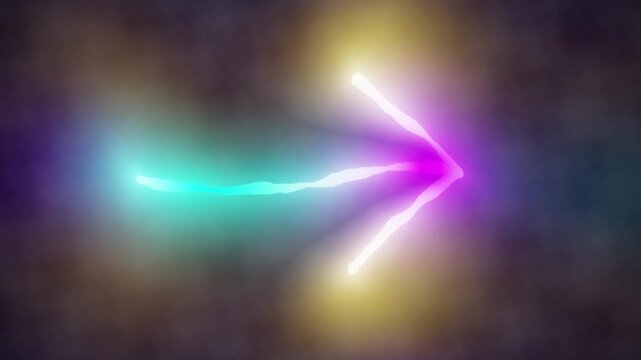 Seamlessly looping animation of a glowing neon right arrow over shifting colorful smoke