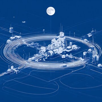 Futuristic orbital habitat schematic under lunar light reveals advanced space architecture