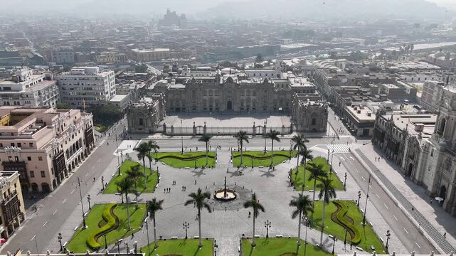 Government Palace In Metropolitan Region Of Lima In Peru. Plaza De Armas Landscape. Downtown District. Cultural Heritage. Government Palace In Metropolitan Region Of Lima In Peru. Tourism Landmark.