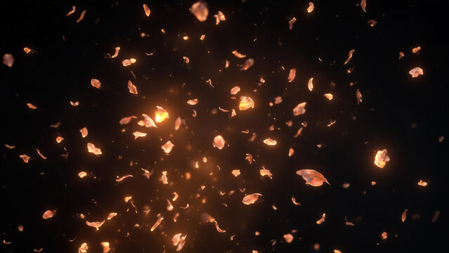 Glowing ember particles floating against dark background