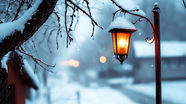 Enchanting Winter Night SnowCovered Vintage Lanterns Warm Glow Amidst Icy Branches and Bokeh.